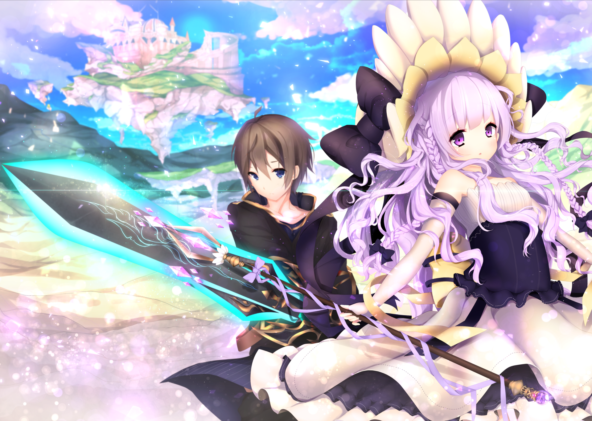 HD anime desktop wallpaper featuring original characters: a sword-wielding boy and a girl with long purple hair in a fantasy sky setting with floating islands.