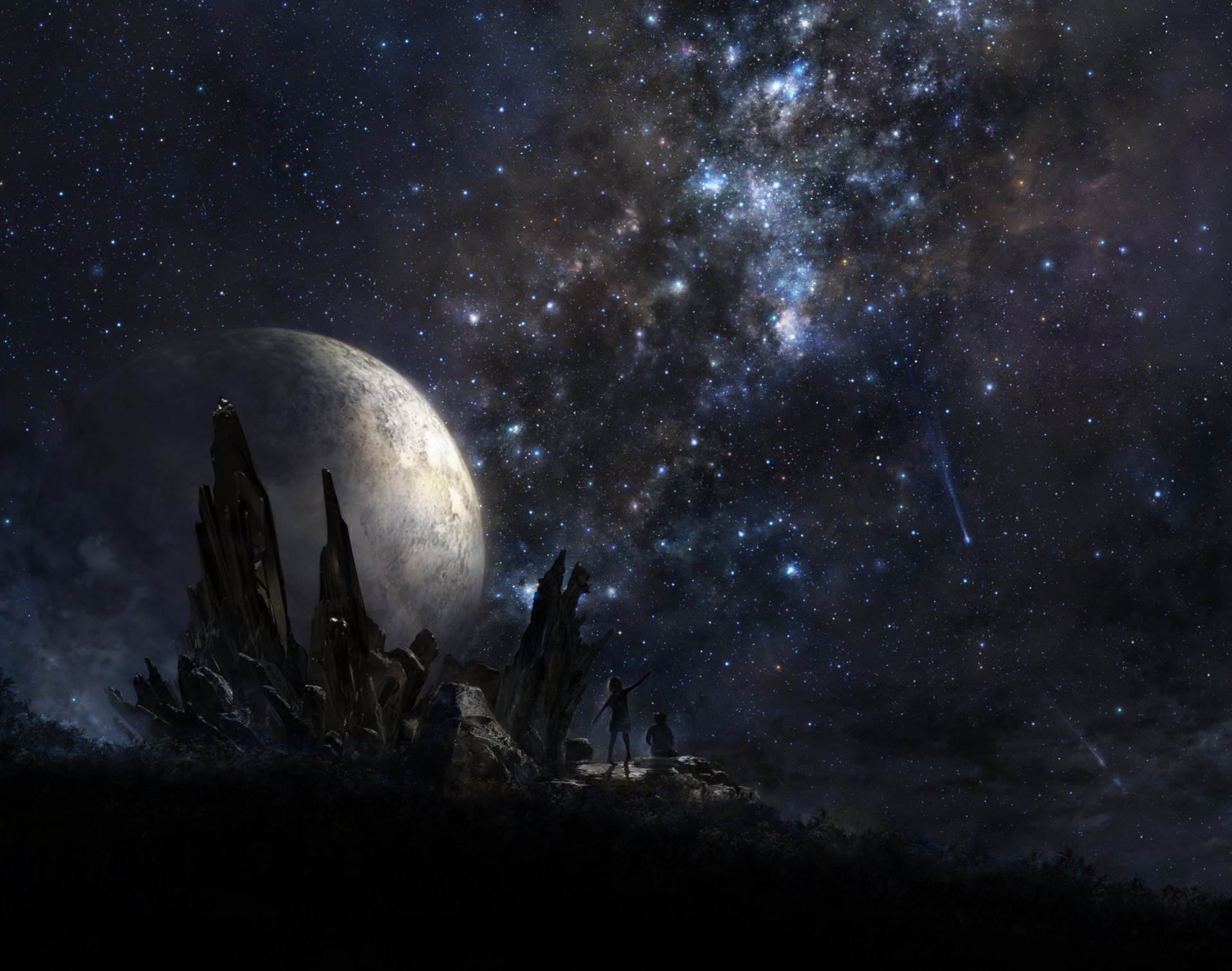 HD desktop wallpaper featuring a stunning original anime scene of a starry night sky with rocky terrain and a moon in the background.