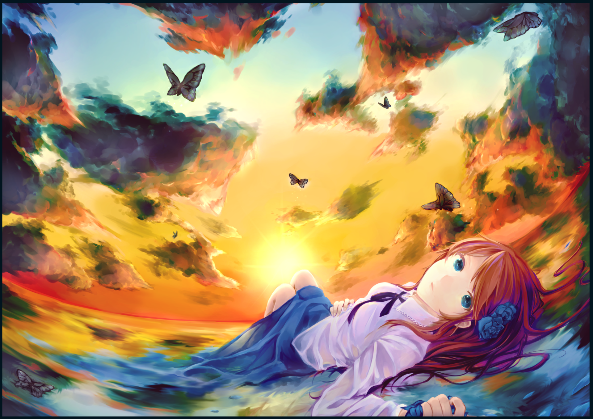 Anime original HD PC desktop wallpaper/background: a blue-eyed schoolgirl with a flower hairpin lies by a glowing sunset sea as butterflies drift through vivid, dramatic clouds.