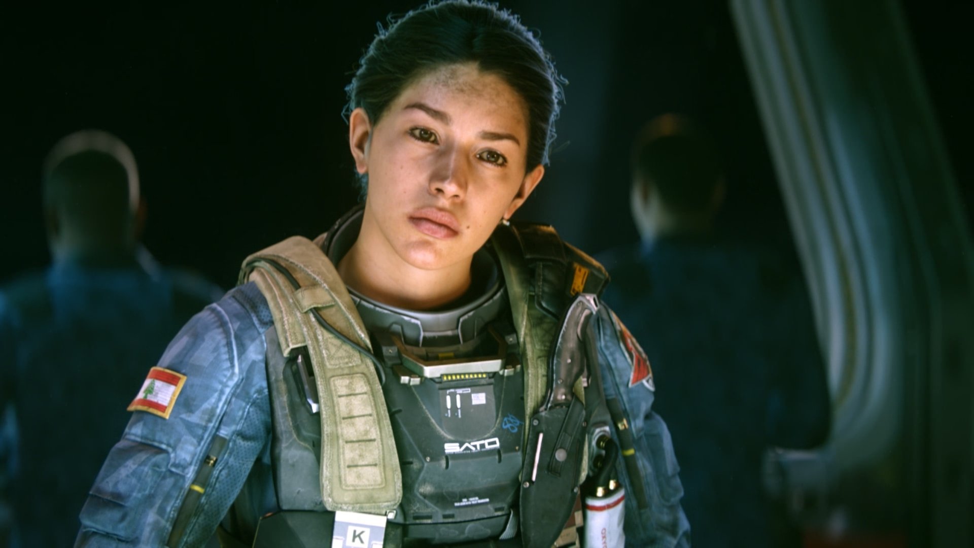 Close-up of a female soldier in tactical gear from Call of Duty: Infinite Warfare, featured in a 4K Ultra HD PC desktop wallpaper and background.