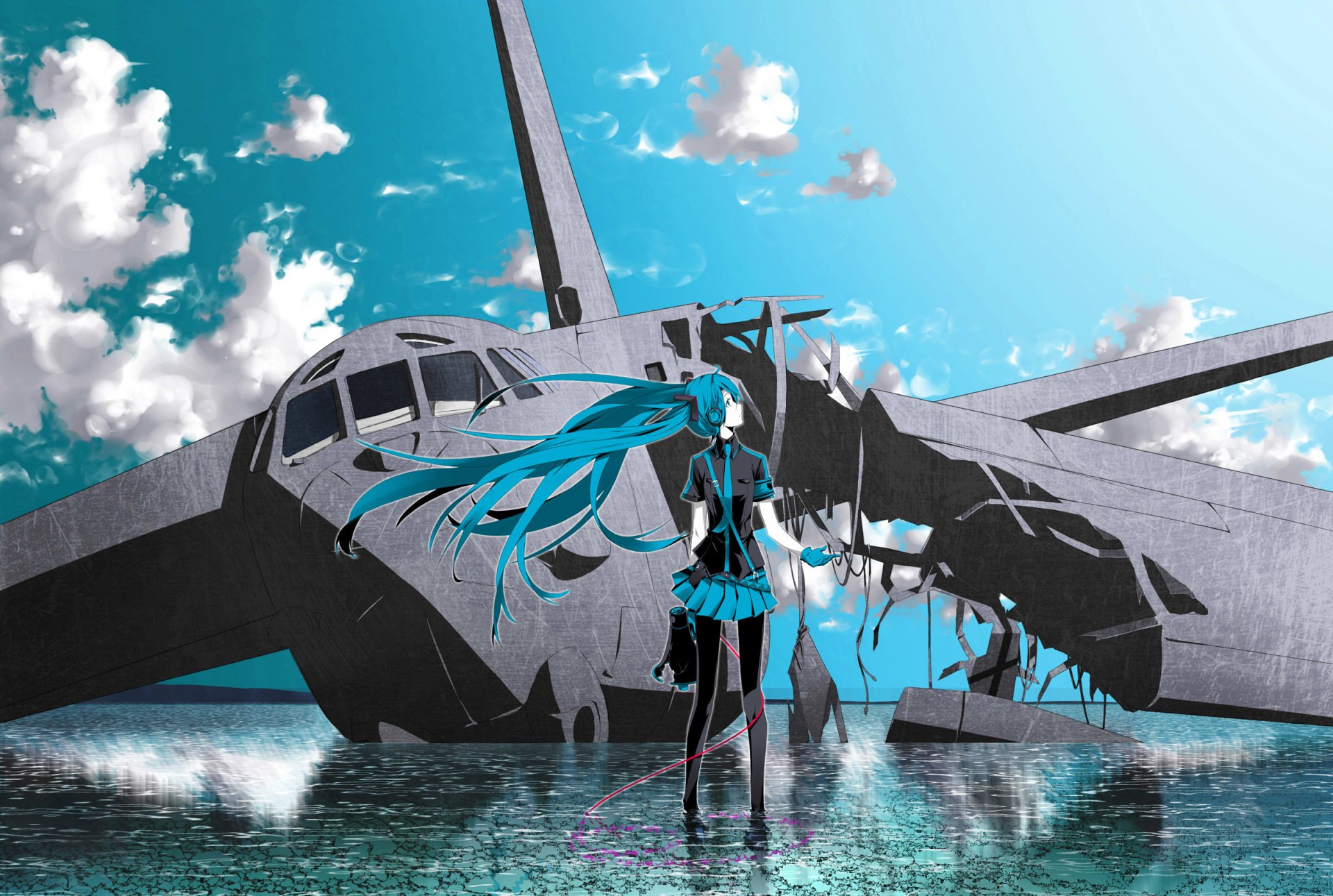 HD desktop wallpaper featuring Hatsune Miku from Vocaloid. Set against a blue sky, she stands in front of a large, crashed aircraft, merging themes from Love is War with anime aesthetics.
