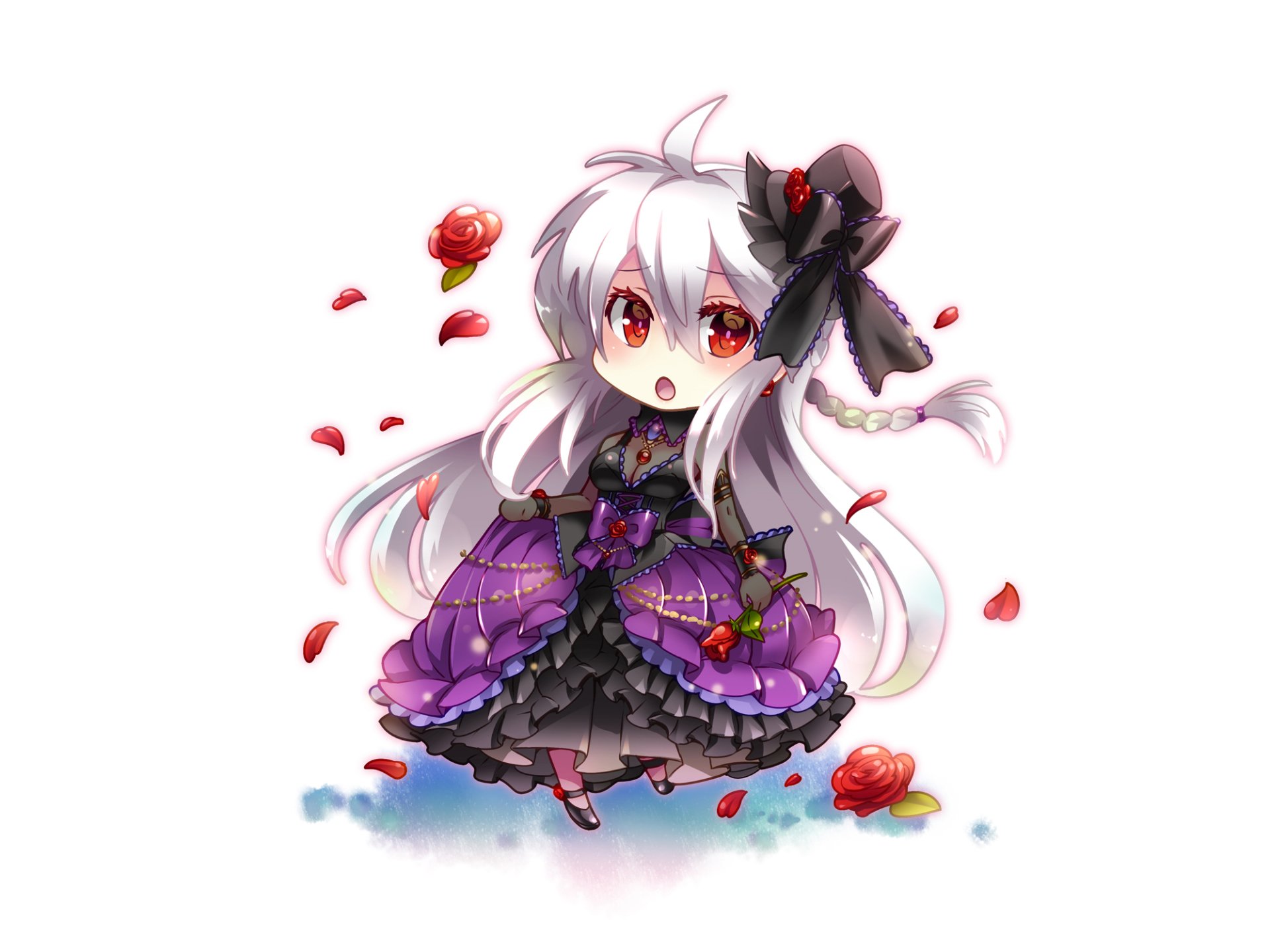 Chibi-style Yowane Haku from Vocaloid in a detailed purple and black gothic dress, surrounded by floating red rose petals on a clean white background, HD anime wallpaper.
