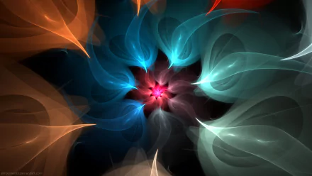 Abstract fractal design resembling a glowing blue and orange flower, rendered in high definition for PC desktop wallpaper and background.