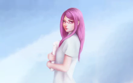HD desktop wallpaper featuring Rize Kamishiro from Tokyo Ghoul. The anime character has long pink hair and wears glasses against a soft blue background.