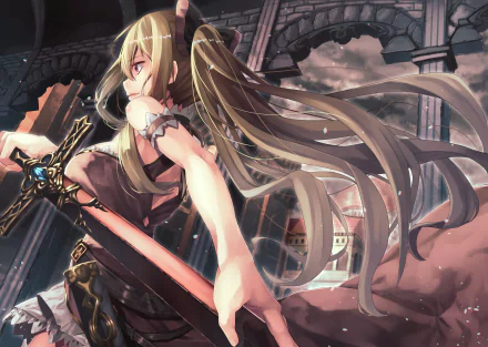 Anime-style original HD PC desktop wallpaper featuring a determined female warrior with long flowing hair and a sword, set against a dramatic ruined archway background.