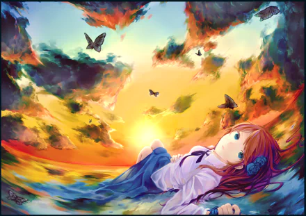 Anime original HD PC desktop wallpaper/background: a blue-eyed schoolgirl with a flower hairpin lies by a glowing sunset sea as butterflies drift through vivid, dramatic clouds.