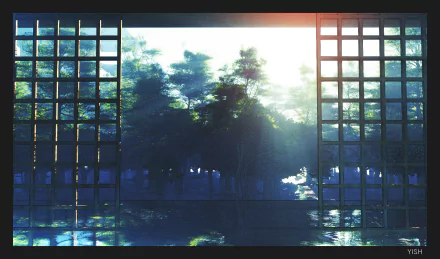 Anime-style HD PC desktop wallpaper depicting a serene forest scene viewed through large window panes, with soft sunlight filtering through dense trees.