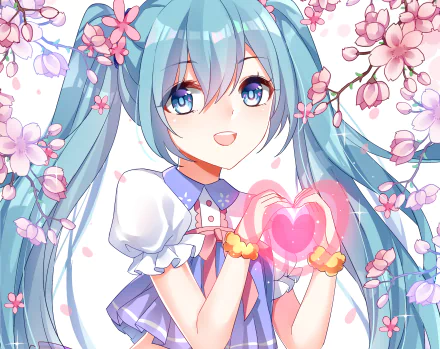 Hatsune Miku anime Vocaloid HD desktop wallpaper — smiling twin‑tailed blue‑haired girl holds a glowing pink heart surrounded by falling cherry blossoms.