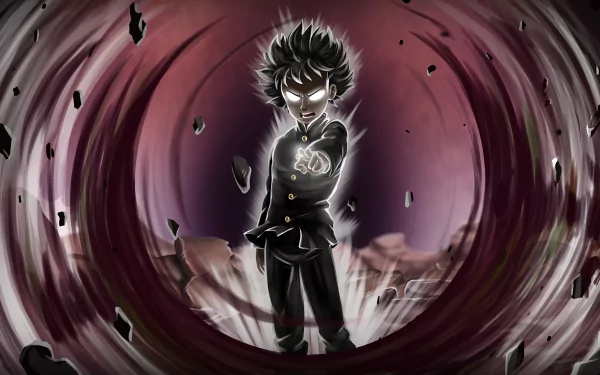 HD wallpaper and background featuring Shigeo Kageyama from the anime Mob Psycho 100, showcasing his intense psychic powers amidst a dramatic aura with swirling debris.