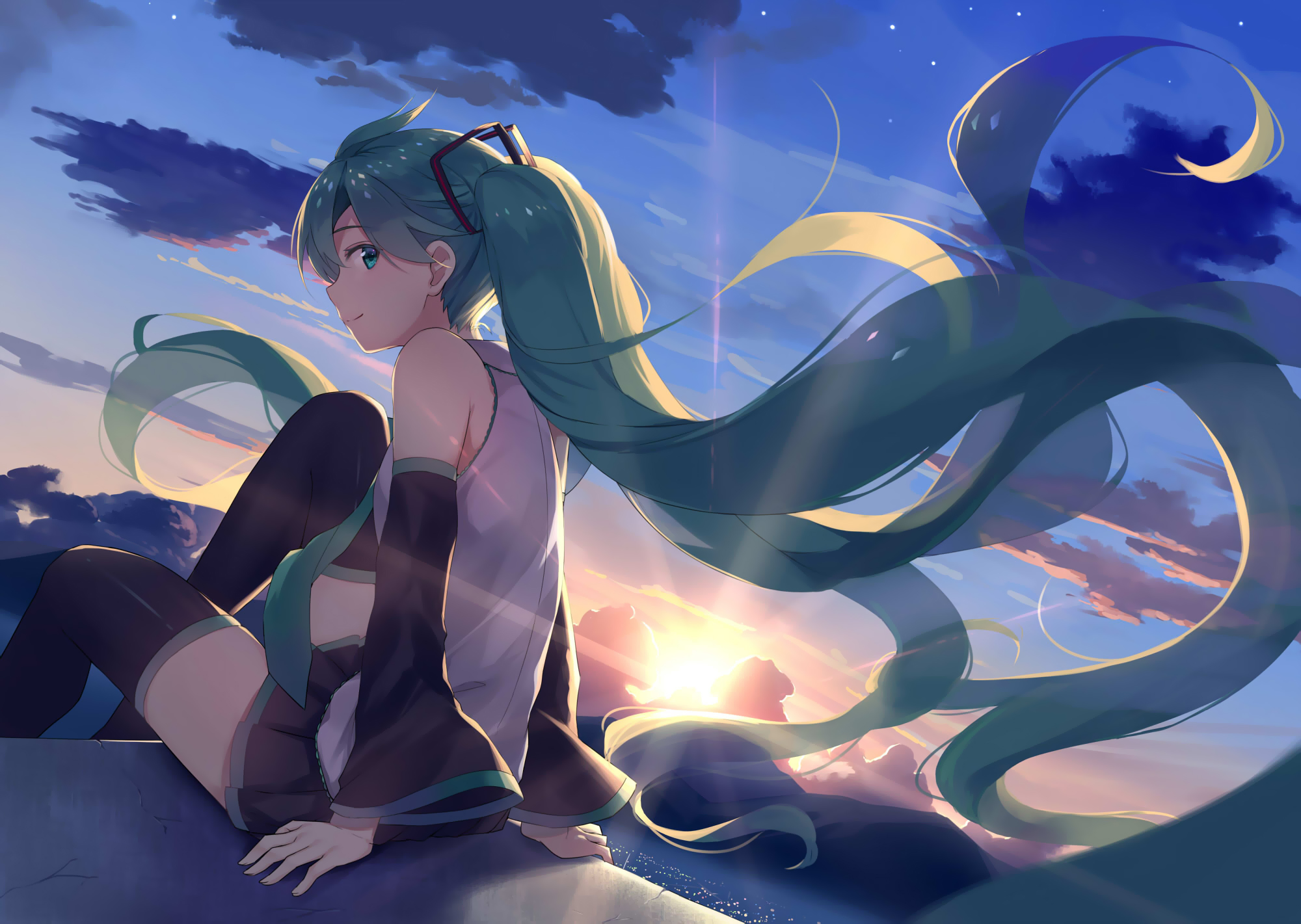 Download Twintails Green Hair Skirt Green Eyes Long Hair Sunset Hatsune Miku Anime Vocaloid Hd 2588