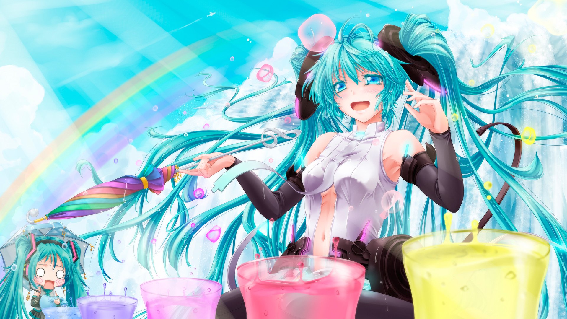 HD PC desktop wallpaper featuring anime-style Hachune Miku, an energetic Hatsune Miku Vocaloid character, surrounded by colorful elements and a vibrant rainbow background.