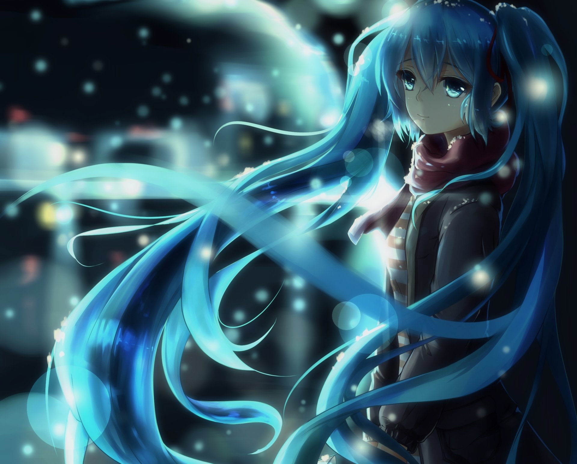 HD desktop wallpaper featuring Hatsune Miku from the anime Vocaloid, with her long blue hair flowing, set against a dark, bokeh background.