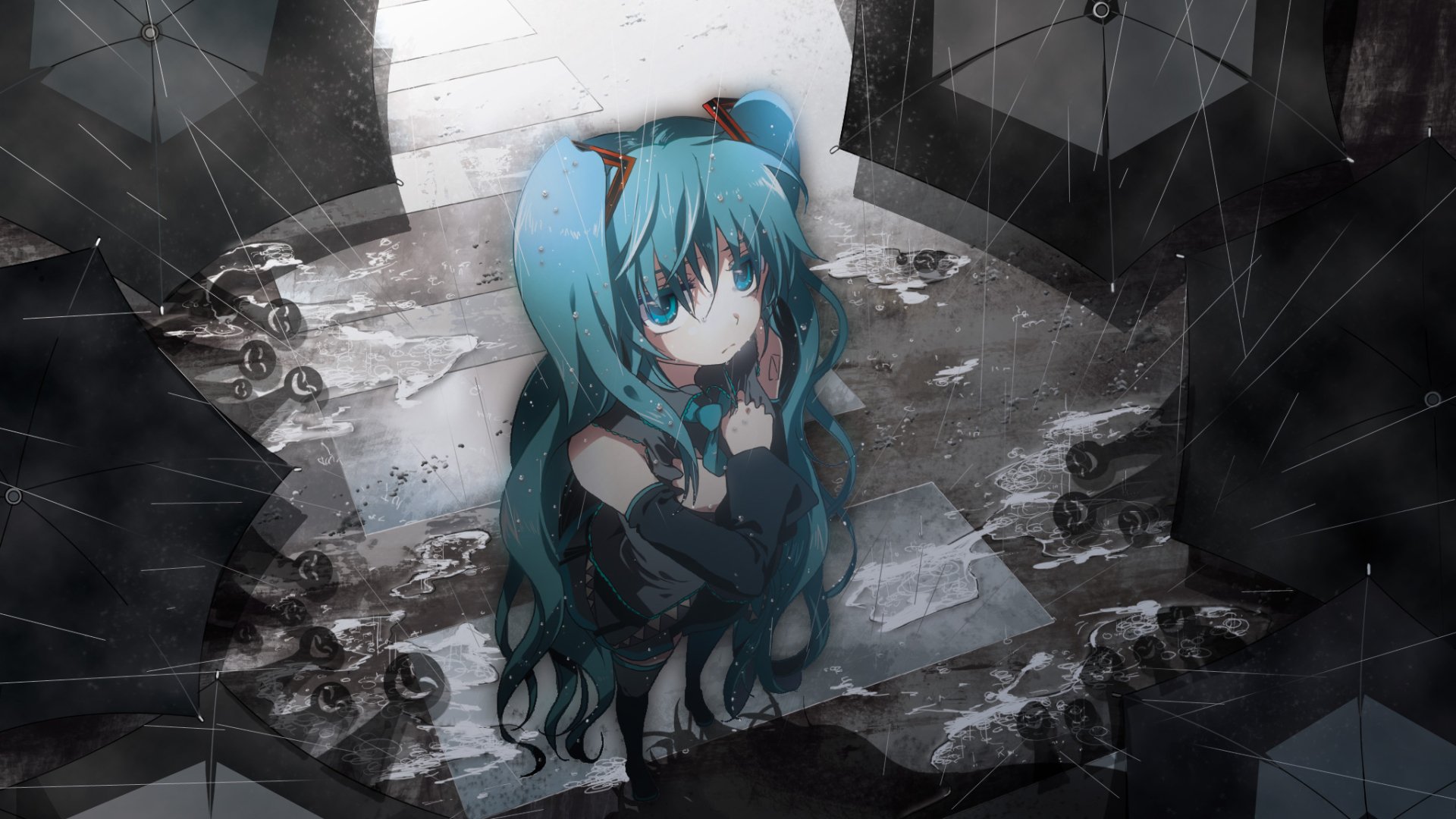 HD PC desktop wallpaper featuring Hatsune Miku, the iconic anime Vocaloid, with her teal twin tails against a dark, futuristic, and shattered background.