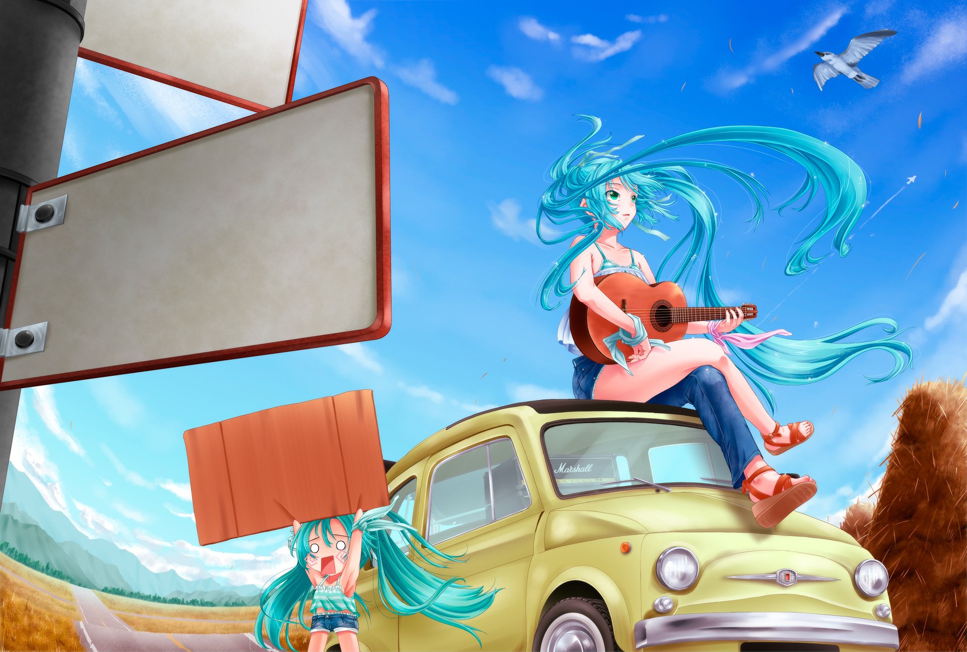 HD PC desktop wallpaper and background of Hatsune Miku and Hachune Miku (Vocaloid) in anime style — Miku plays guitar atop a yellow car while chibi Hachune holds a sign under a blue sky.