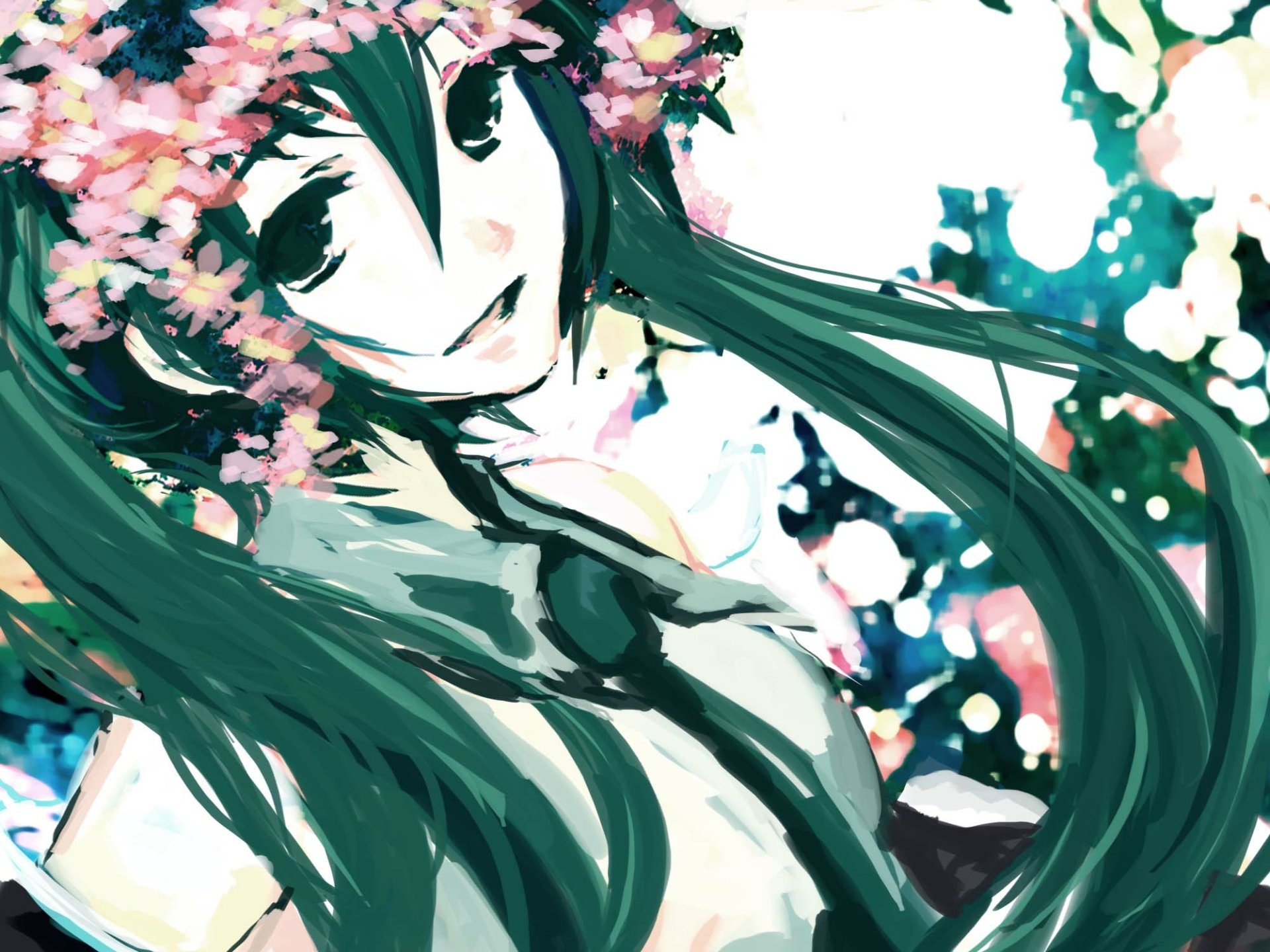 HD PC desktop wallpaper background of Hatsune Miku (Vocaloid) in anime watercolor style: smiling, long teal twin-tails, cherry blossoms and vibrant splashes.