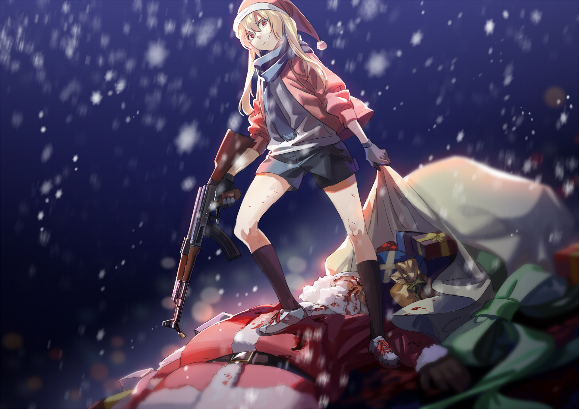 Anime-style HD PC desktop wallpaper featuring a confident girl holding a rifle, standing on a defeated Santa Claus, surrounded by falling snow in a dark, snowy setting.