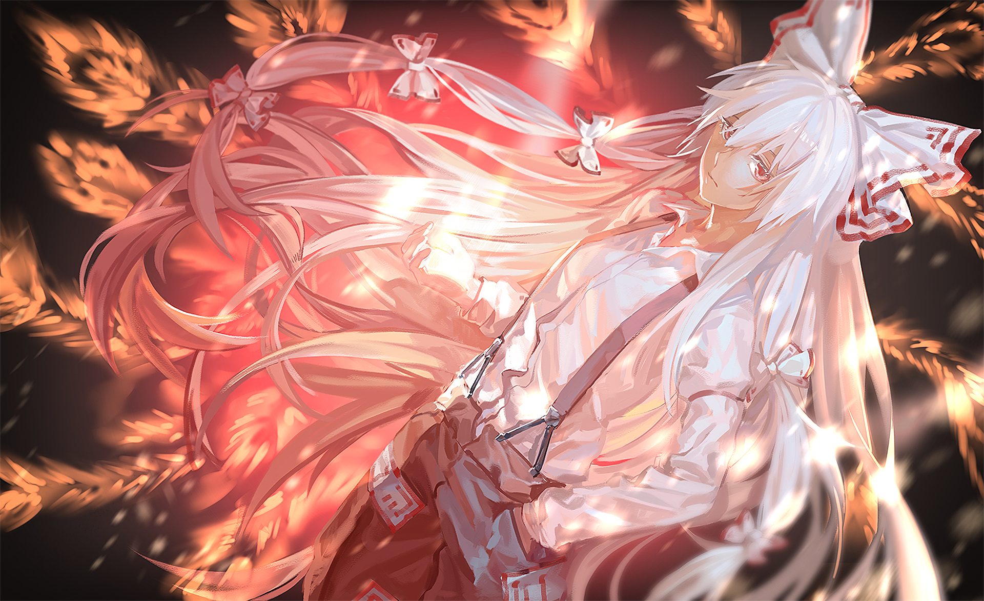 Anime Touhou HD PC wallpaper/background: white-haired shrine maiden with flowing pink hair and fox-fire flames swirling around her in a luminous, dynamic composition.