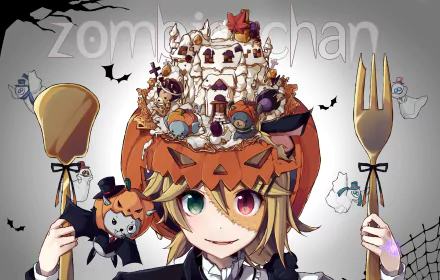 HD PC desktop wallpaper: Vocaloid Rin Kagamine in an anime Halloween scene — wearing a jack-o'-lantern helmet overflowing with candy and skulls, holding a giant fork and spoon, bats and ghosts.