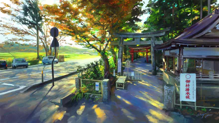 HD anime original desktop wallpaper depicting a serene shrine pathway bathed in warm autumn sunlight with vibrant foliage and soft shadows.