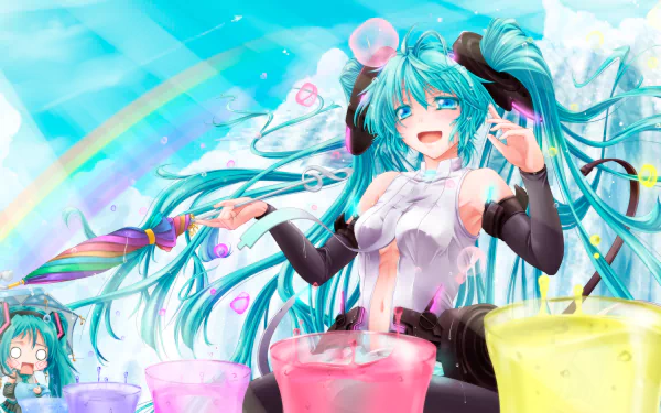 HD PC desktop wallpaper featuring anime-style Hachune Miku, an energetic Hatsune Miku Vocaloid character, surrounded by colorful elements and a vibrant rainbow background.