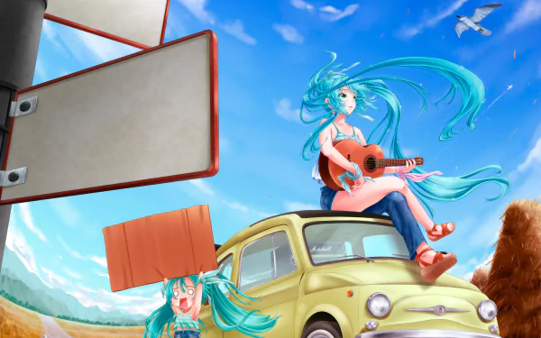 HD PC desktop wallpaper and background of Hatsune Miku and Hachune Miku (Vocaloid) in anime style — Miku plays guitar atop a yellow car while chibi Hachune holds a sign under a blue sky.