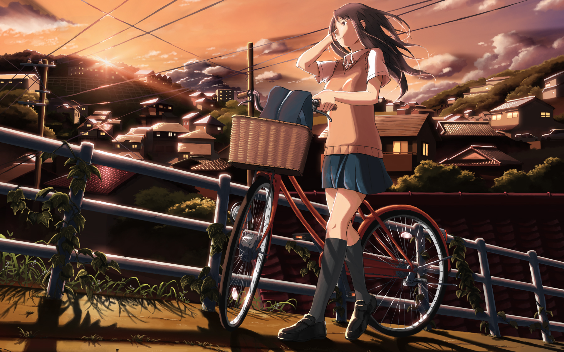 HD anime original desktop wallpaper featuring a girl in school uniform standing beside a bicycle during a vibrant sunset over a peaceful townscape.