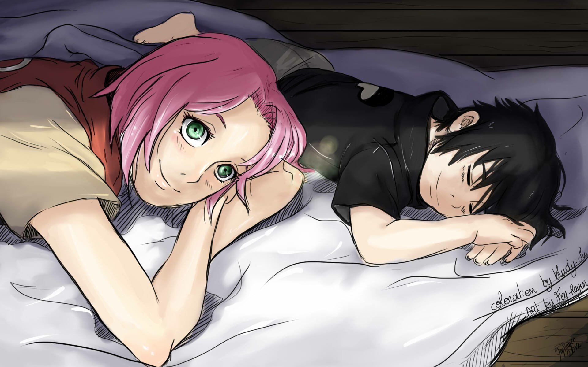 HD anime desktop wallpaper featuring Naruto characters Sakura Haruno and Sasuke Uchiha lying down together in a calm, intimate scene.