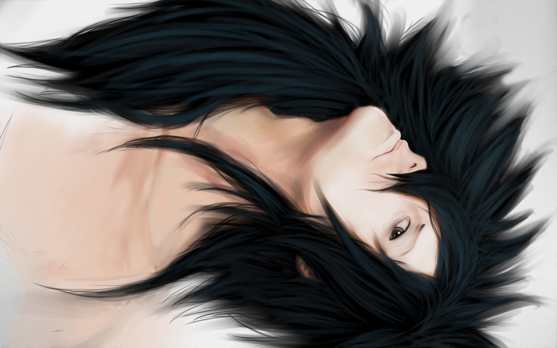 HD desktop wallpaper and background illustration of Madara Uchiha from the anime Naruto, featuring a close-up profile of his face and flowing black hair.