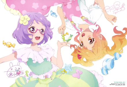4K Ultra HD anime wallpaper featuring Yume Nijino and Koharu Nanakura from Aikatsu!, showcasing vibrant colors and playful poses on a soft pink background.