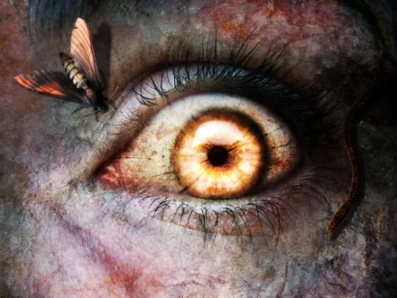 A vivid fantasy book cover featuring an eye with an intricate design, accompanied by insects, set against a textured background, creating an intriguing and surreal atmosphere.