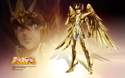 HD desktop wallpaper featuring Pegasus Seiya from the anime Saint Seiya, depicted in golden armor with wings. The background showcases a detailed close-up of Seiya's face.