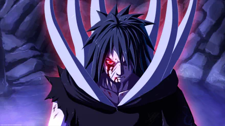HD desktop wallpaper featuring Obito Uchiha from the anime Naruto, showcasing his intense expression with a detailed background.