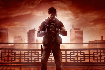 Echo from Tom Clancy's Rainbow Six: Siege stands against a cityscape at sunset in this 4K Ultra HD PC desktop wallpaper.