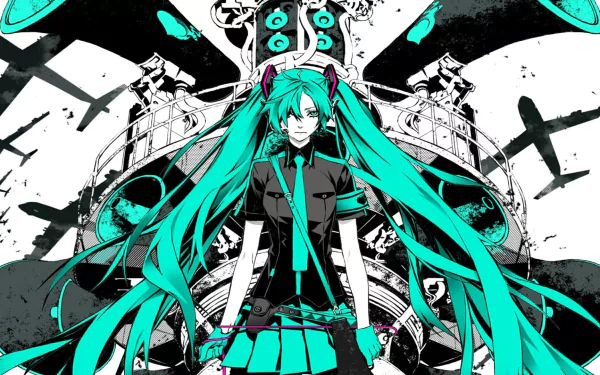 HD anime desktop wallpaper of Hatsune Miku (Vocaloid) in Love is War style: teal twin-tails and school-uniform outfit before stylized speakers and a black-and-white mechanical background.