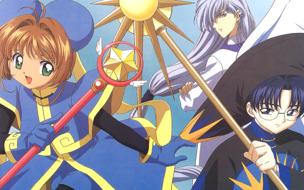 Anime HD desktop wallpaper featuring Yukito Tsukishiro and Sakura Kinomoto from Cardcaptor Sakura, showcasing vibrant colors and magical staffs.