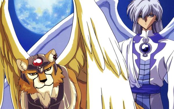 Keroberos (winged form) beside Yukito Tsukishiro under a full moon — vibrant Cardcaptor Sakura 2K Quad HD PC desktop wallpaper/background.