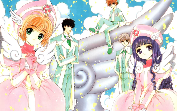Cardcaptor Sakura 4K desktop wallpaper: Sakura Kinomoto and Tomoyo Daidouji in pink winged dresses, with Syaoran Li, Yukito Tsukishiro and Toya Kinomoto in mint uniforms against a starry sky.