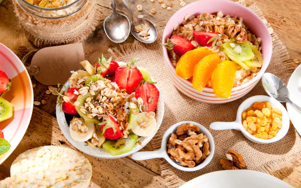 5K Ultra HD PC desktop wallpaper still life: muesli breakfast bowls topped with strawberries, banana, kiwi, peach slices, nuts and cereal arranged on a wooden table.