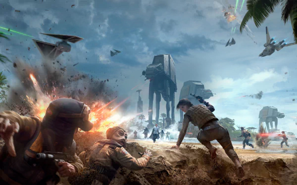 Epic Star Wars Battlefront (2015) scene featuring Jyn Erso, Nien Nunb, AT-AT Walkers, and intense battle action in 4K Ultra HD PC wallpaper quality.