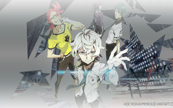 HD PC desktop wallpaper featuring dynamic anime characters from Kiznaiver with a futuristic, fragmented cityscape background.