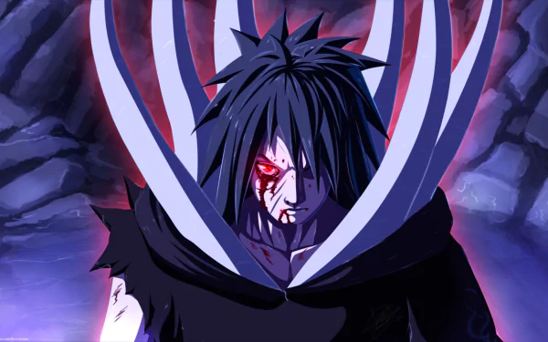 HD desktop wallpaper featuring Obito Uchiha from the anime Naruto, showcasing his intense expression with a detailed background.