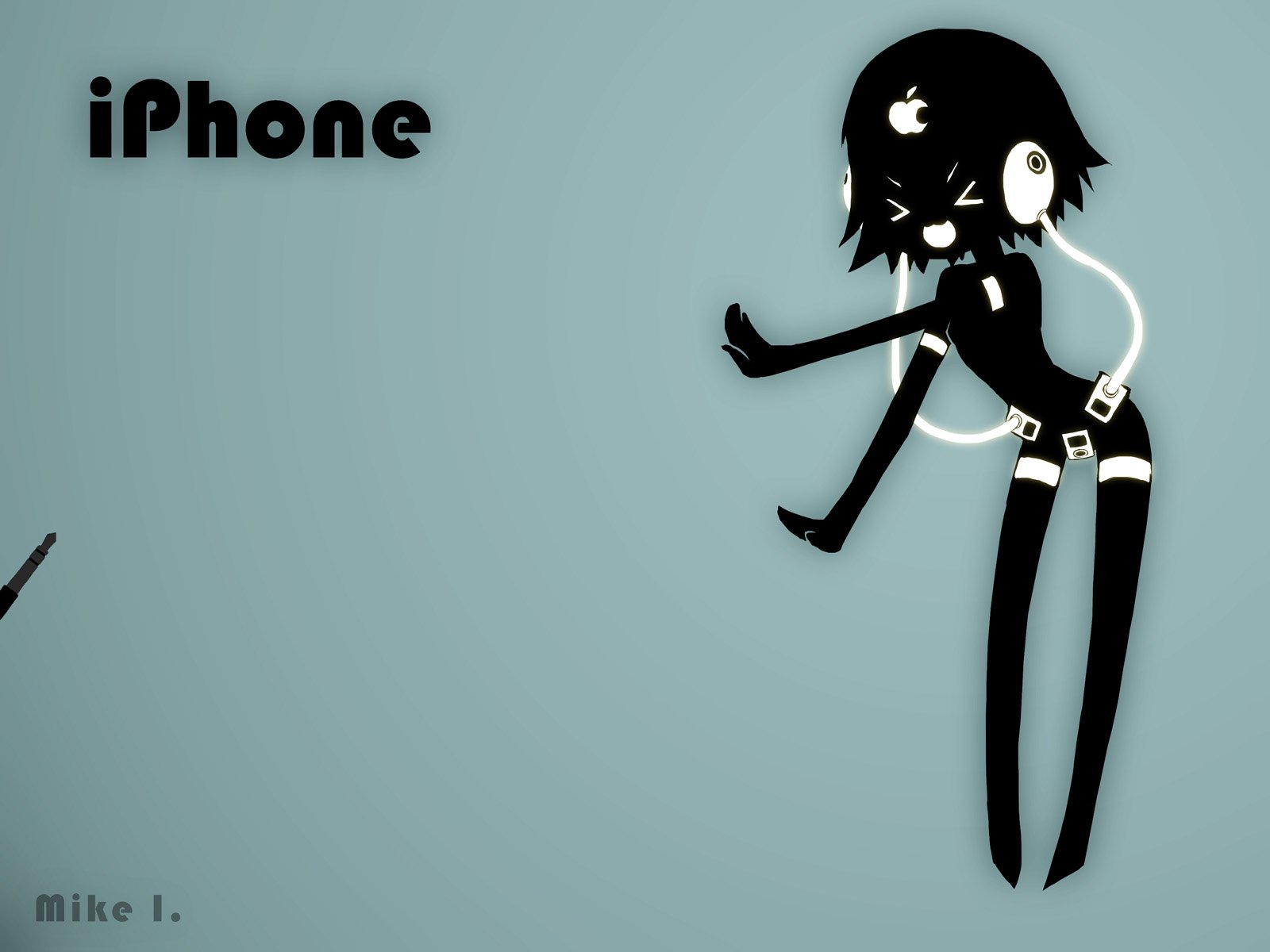 Black stylized silhouette wearing white iPhone earbuds on a teal background with 'iPhone' text — Apple Inc. technology HD PC desktop wallpaper and background
