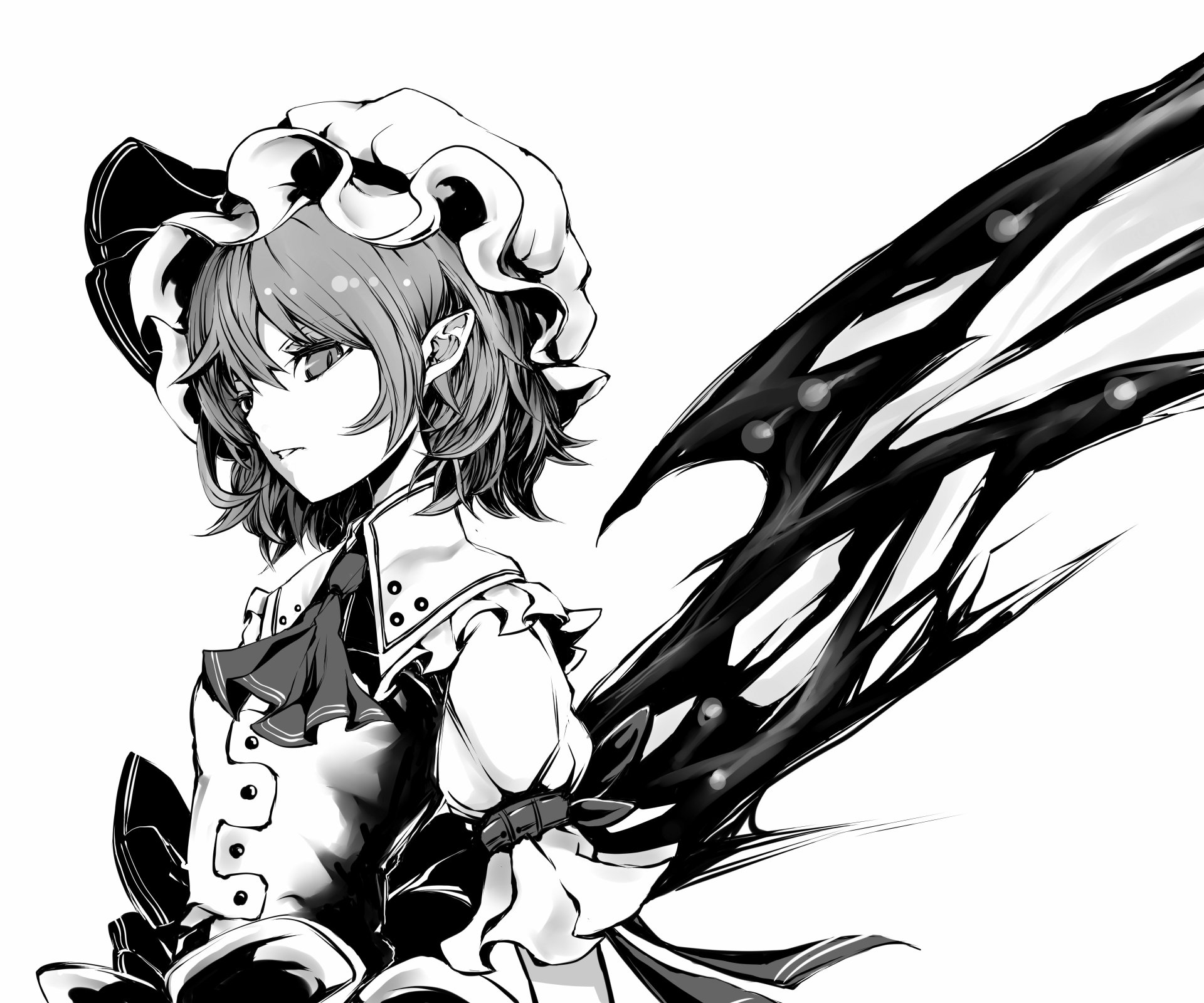 Monochrome anime portrait of Remilia Scarlet (Touhou) with frilled cap, ribbon and dark wing-like energy, intense gaze — 5K Ultra HD PC desktop wallpaper background.