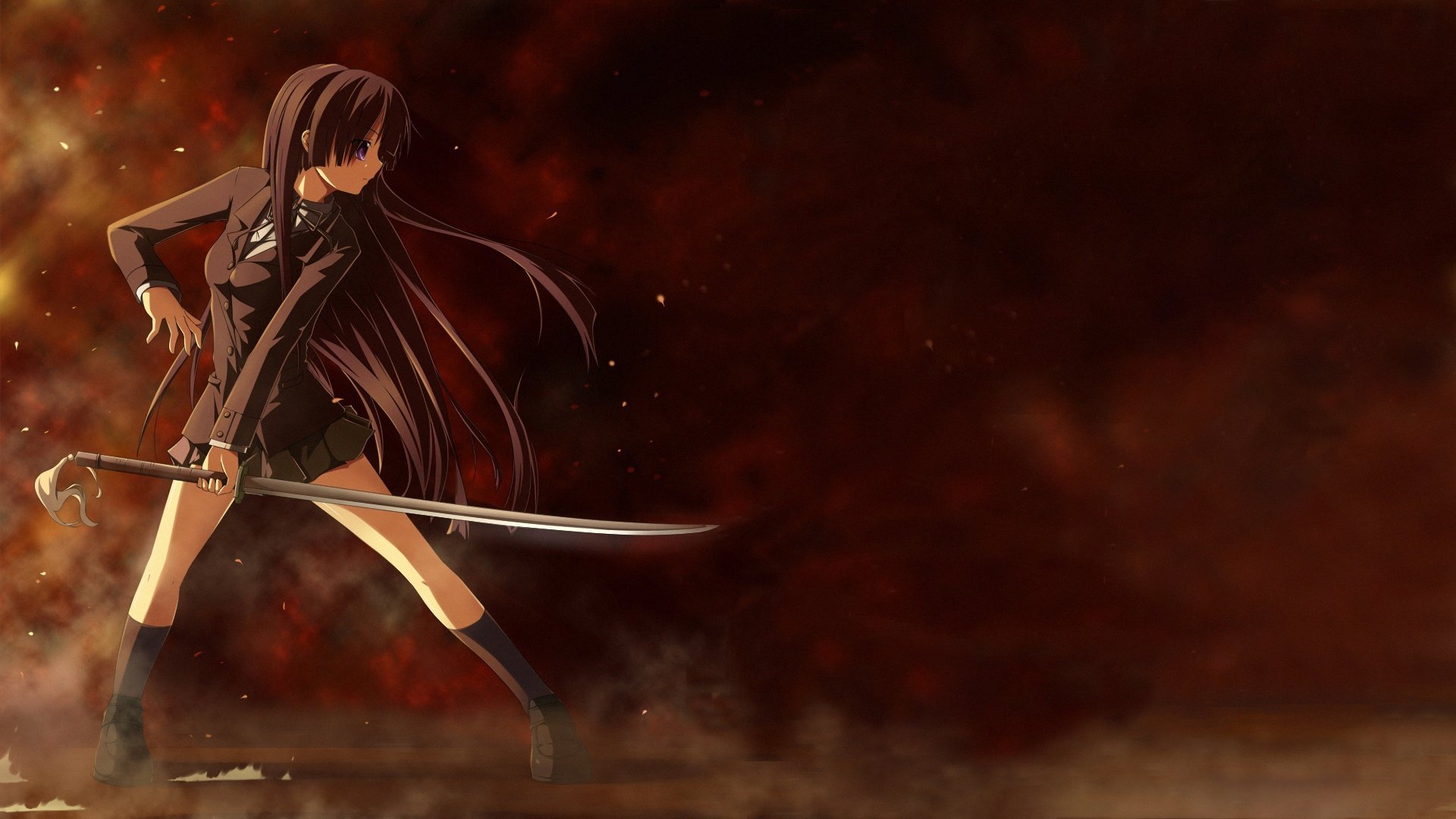 HD anime desktop wallpaper from Ga-Rei: Zero featuring a female character with long dark hair wielding a sword against a fiery, smoky background.
