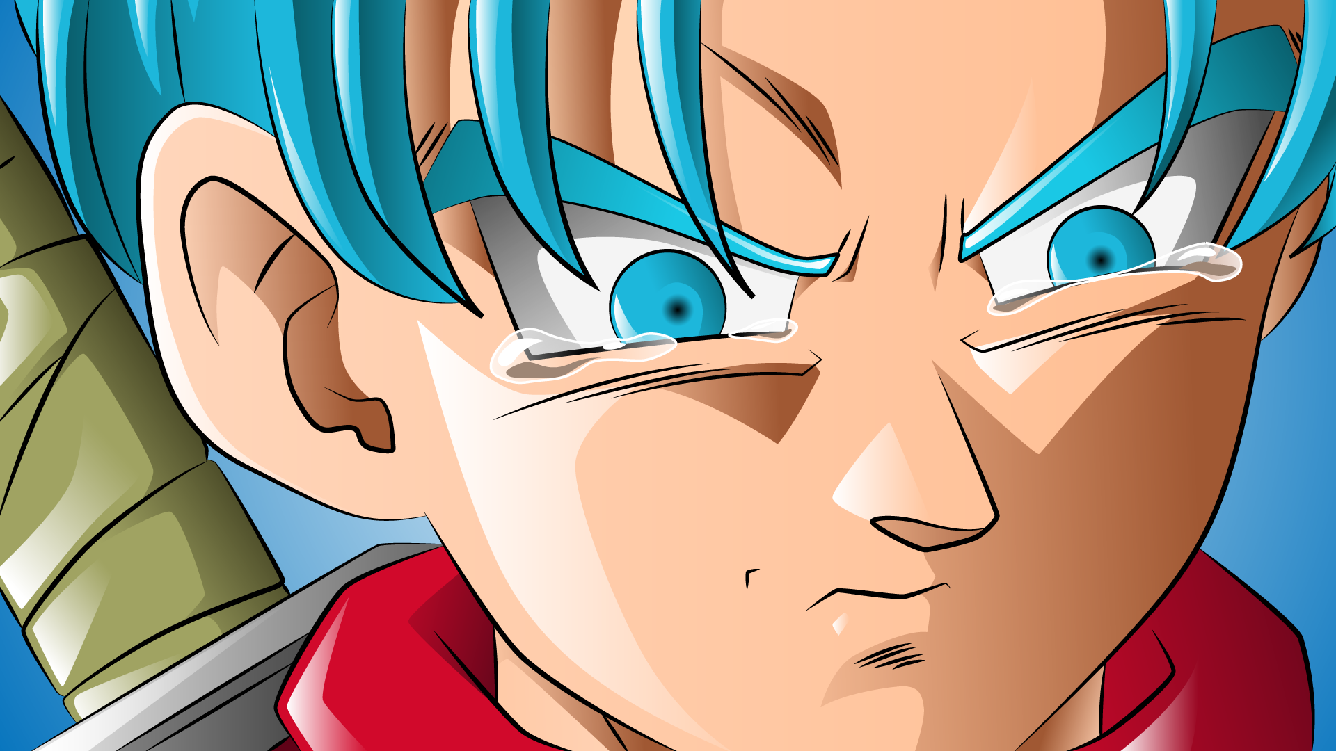 HD desktop wallpaper featuring Trunks from Dragon Ball Super, showing him with blue hair and a determined expression with tears in his eyes.