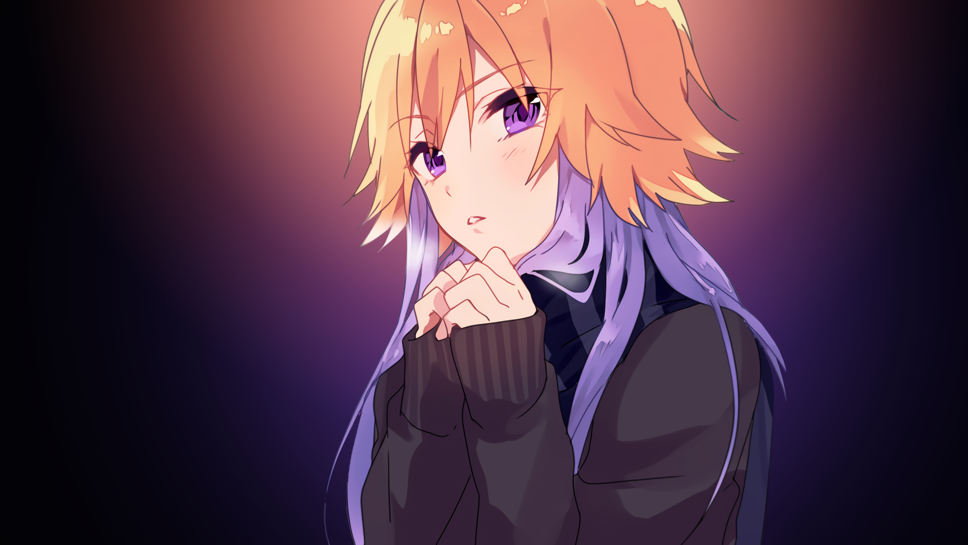 HD desktop wallpaper featuring an anime character from The iDOLM@STER Cinderella Girls, with blonde hair and expressive purple eyes, set against a dark background.