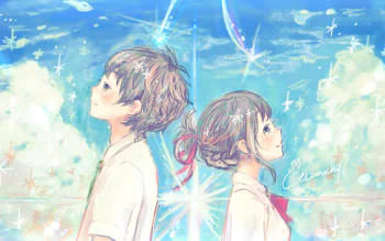 HD anime desktop wallpaper featuring Taki Tachibana and Mitsuha Miyamizu from Your Name., standing back to back against a bright, starry sky background.