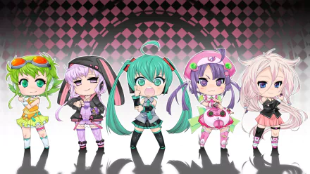 Chibi anime Vocaloid characters Tone Rion, GUMI, Yuzuki Yukari, IA and Hatsune Miku pose in colorful outfits across a pink checkered HD desktop wallpaper.