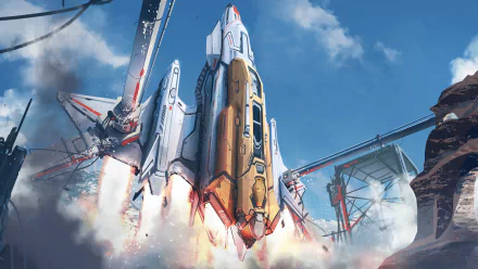 HD PC desktop wallpaper featuring a detailed sci-fi spaceship launching against a bright blue sky with clouds and futuristic structures in the background.