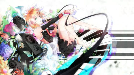HD PC desktop wallpaper and background featuring Rin Kagamine (Vocaloid anime) reclining among speakers, piano keys, vibrant musical ribbons and pastel florals.